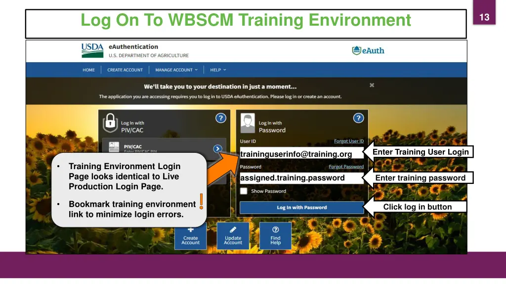 log on to wbscm training environment