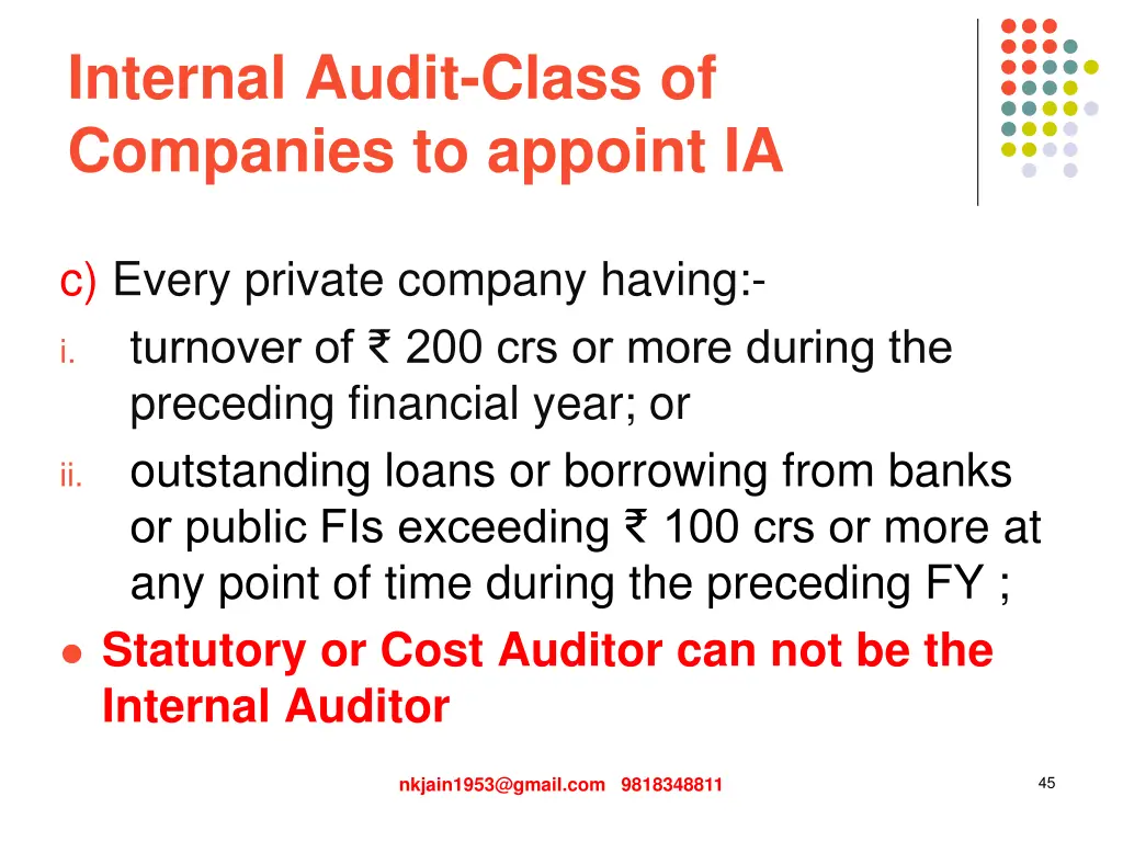 internal audit class of companies to appoint ia