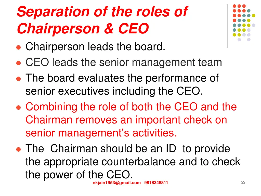 separation of the roles of chairperson