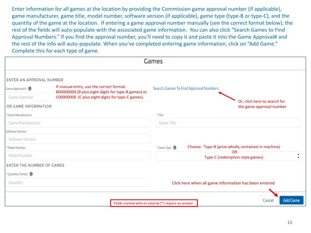 enter information for all games at the location