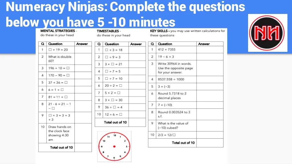 numeracy ninjas complete the questions below