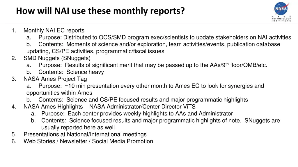 how will nai use these monthly reports