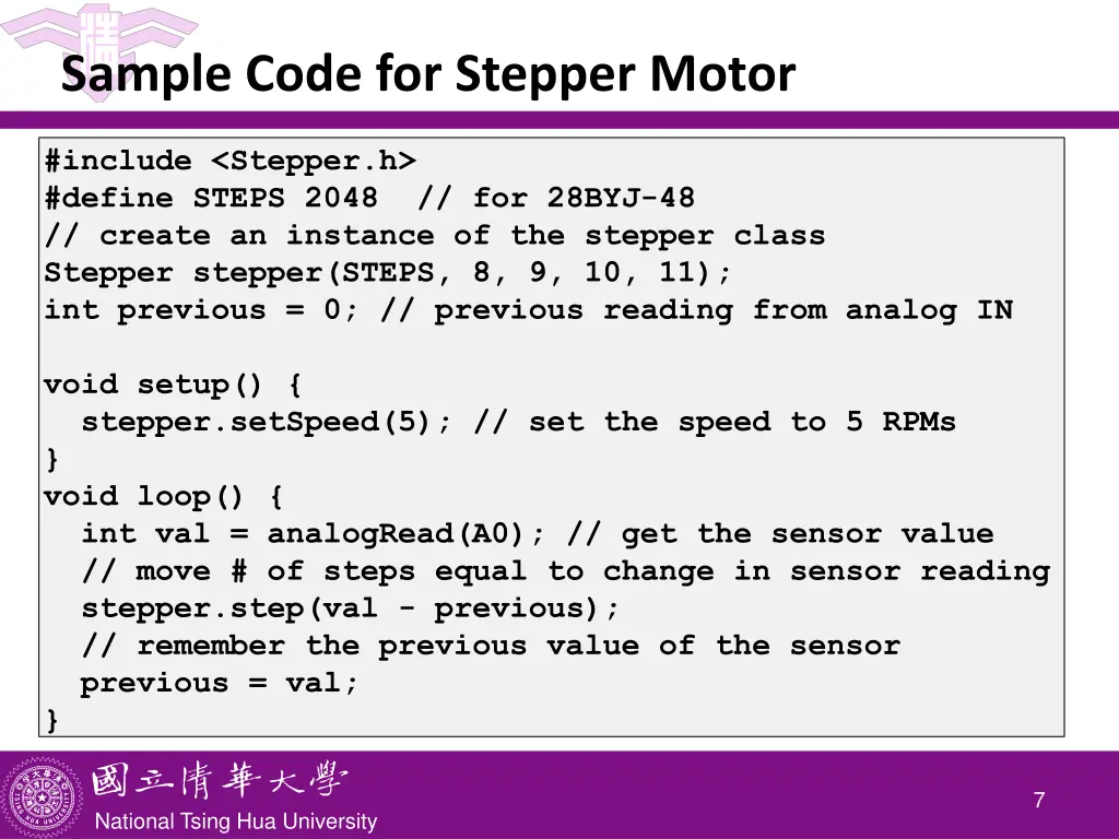 sample code for stepper motor