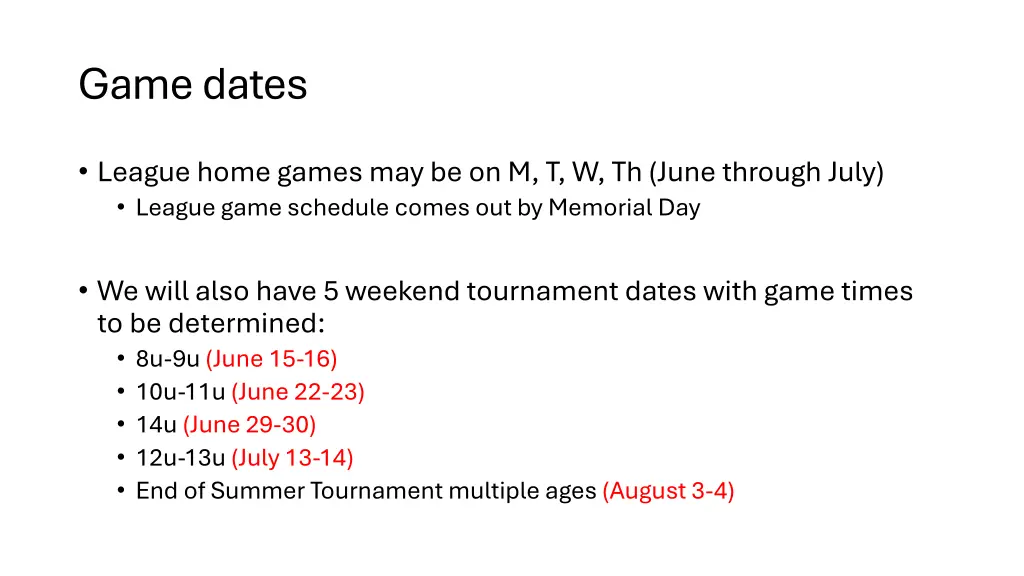 game dates