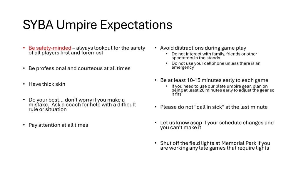 syba umpire expectations