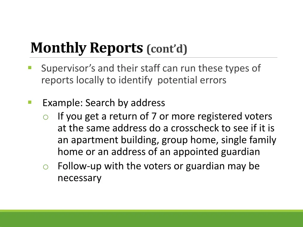 monthly reports cont d