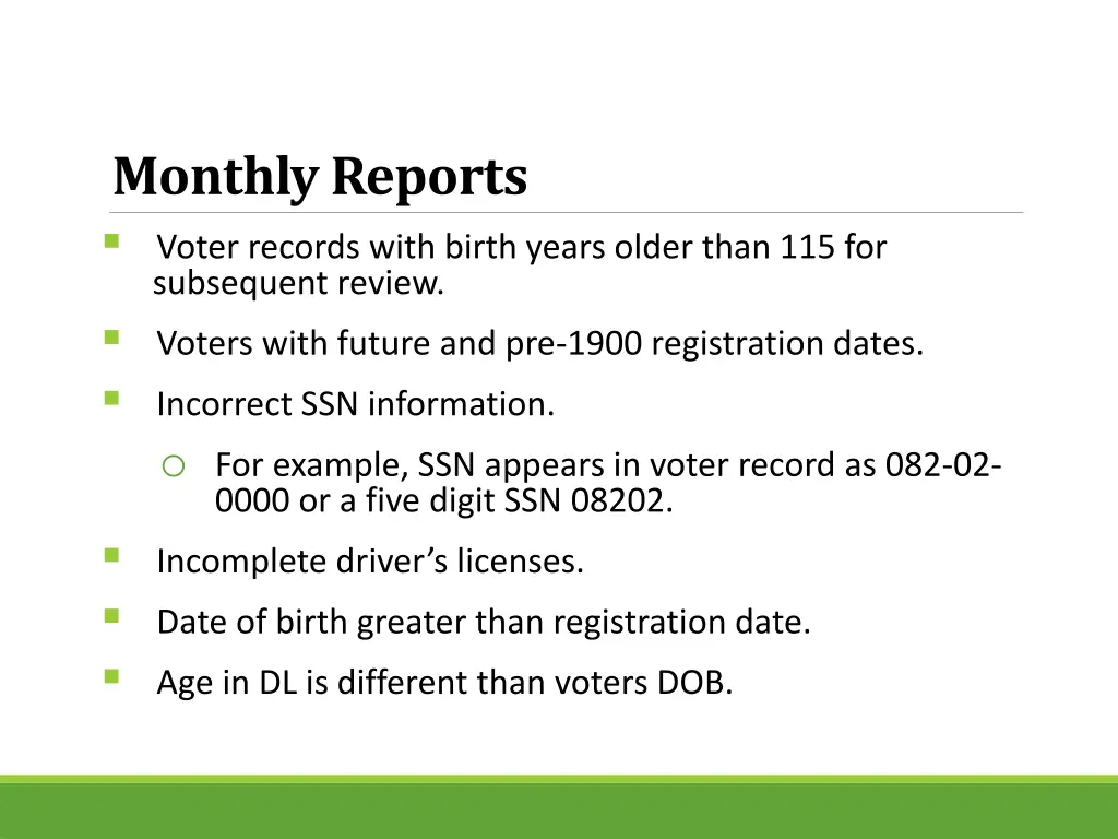 monthly reports voter records with birth years