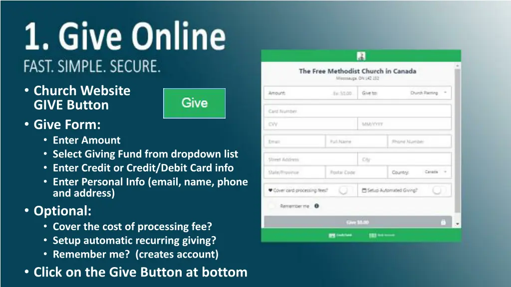 church website give button give form enter amount