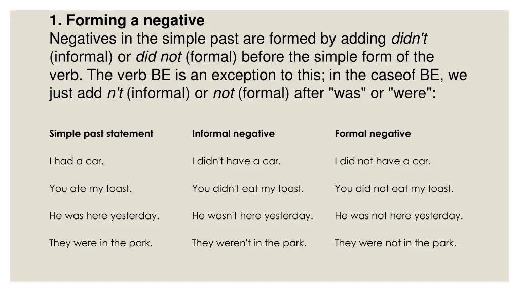 1 forming a negative negatives in the simple past