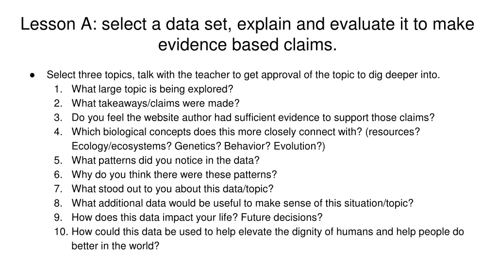 lesson a select a data set explain and evaluate