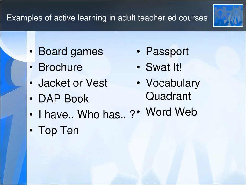 examples of active learning in adult teacher