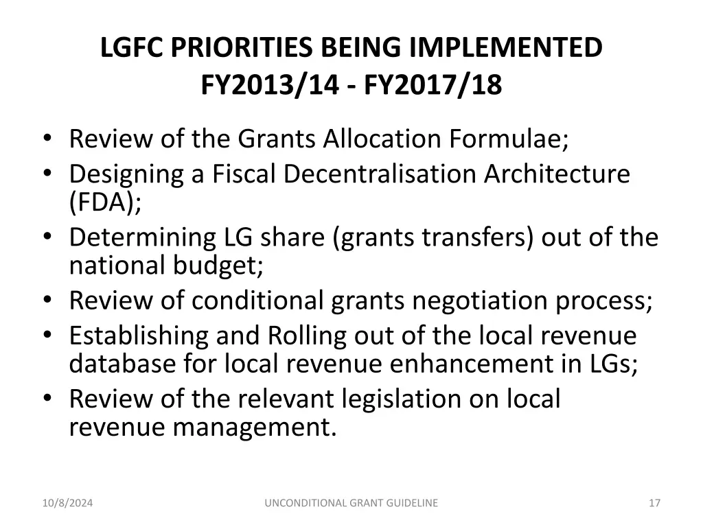 lgfc priorities being implemented fy2013