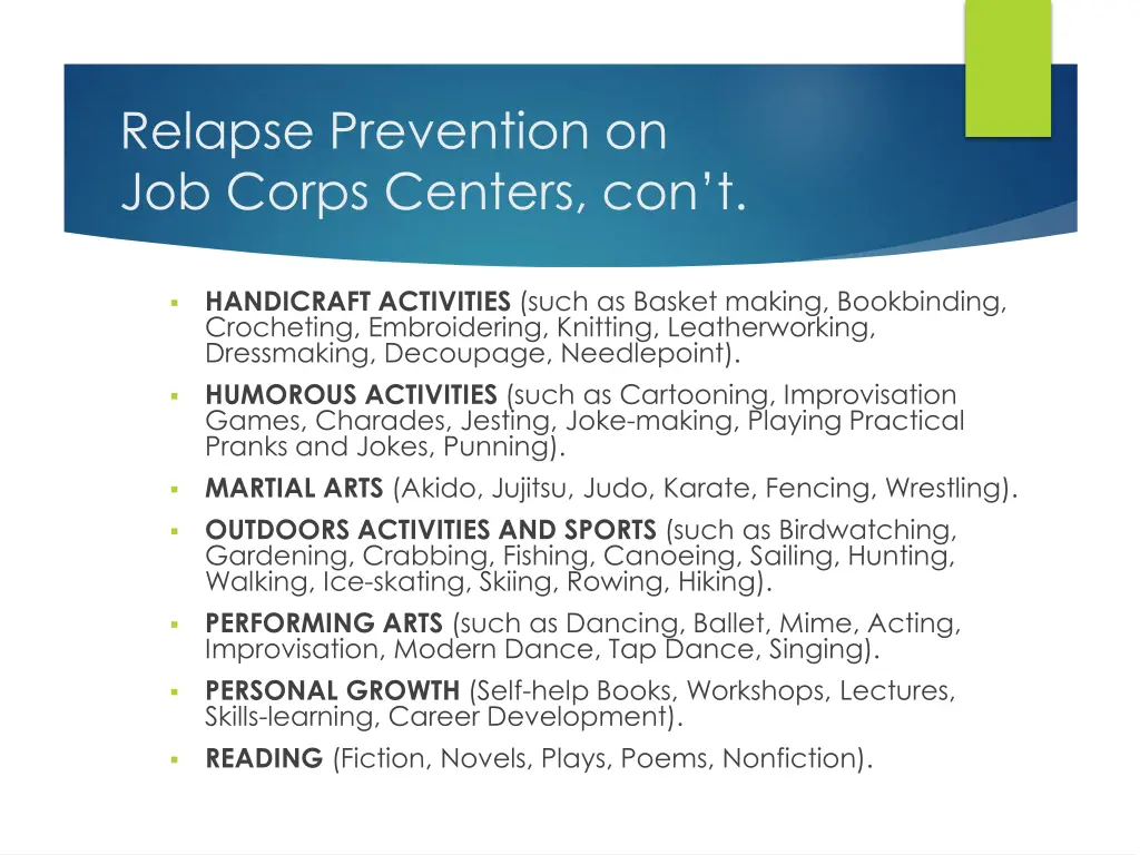 relapse prevention on job corps centers con t