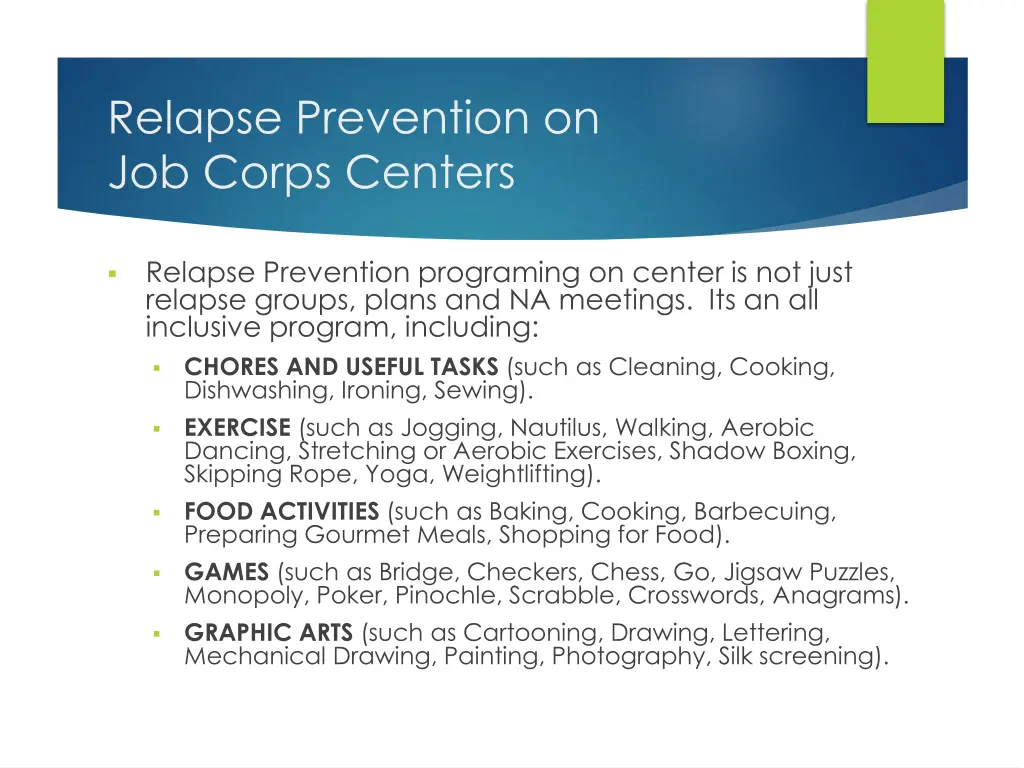 relapse prevention on job corps centers