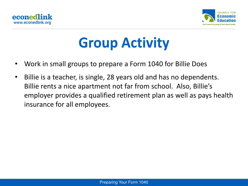 work in small groups to prepare a form 1040