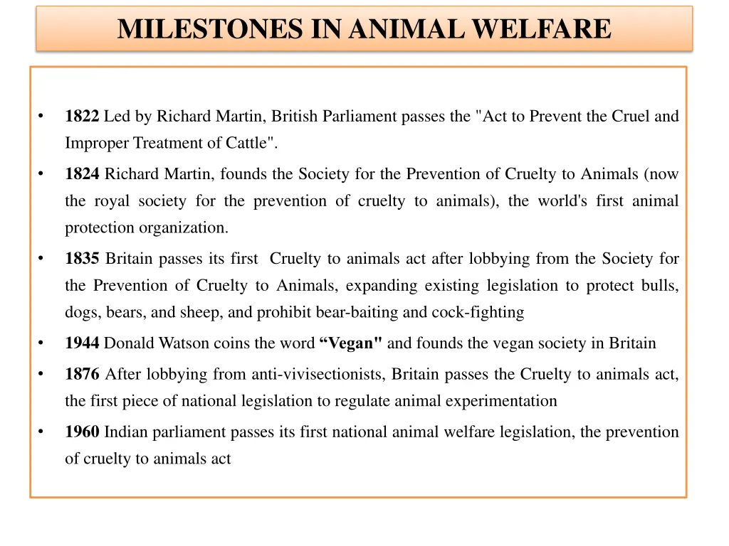 milestones in animal welfare