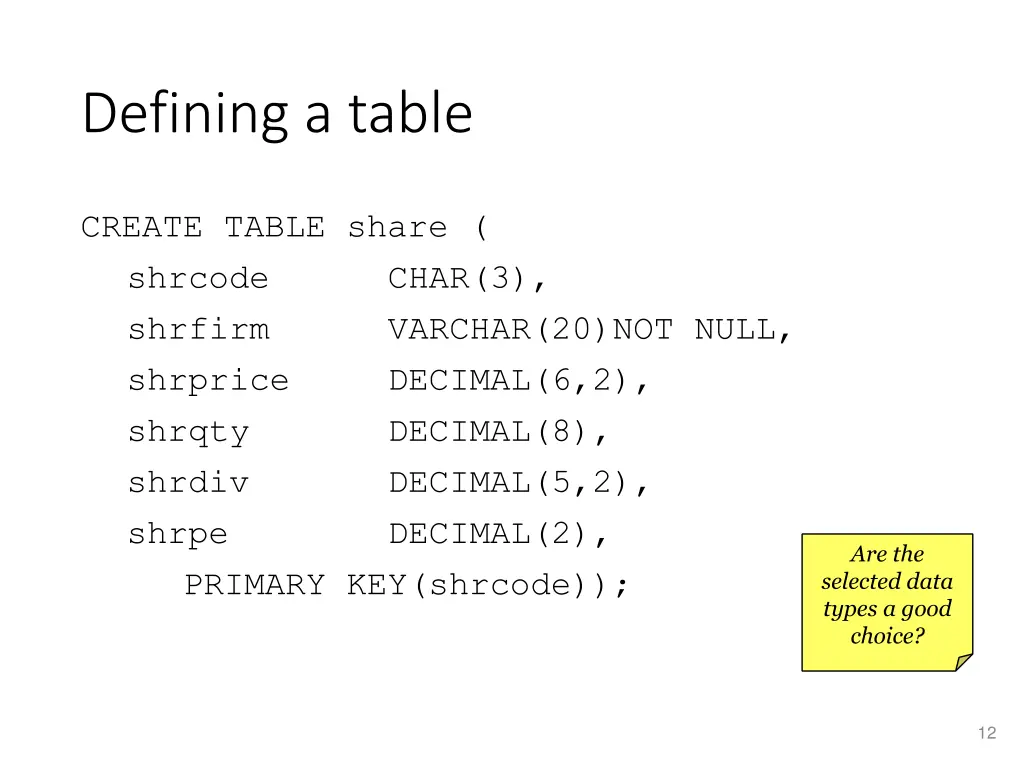 defining a table