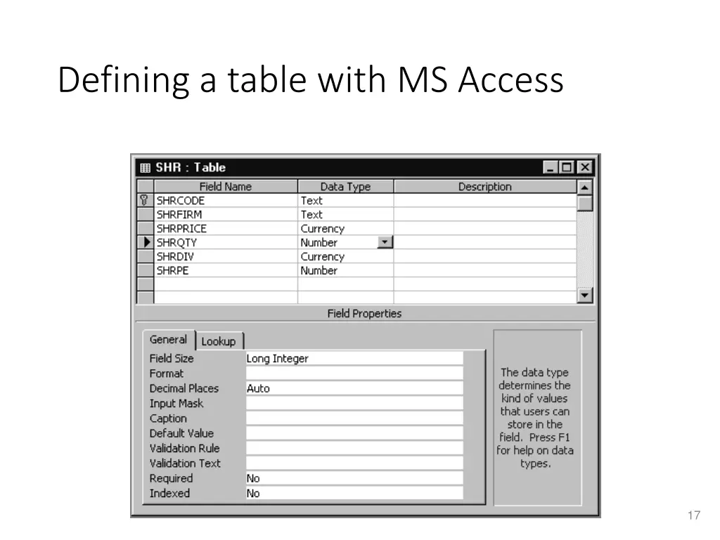 defining a table with ms access