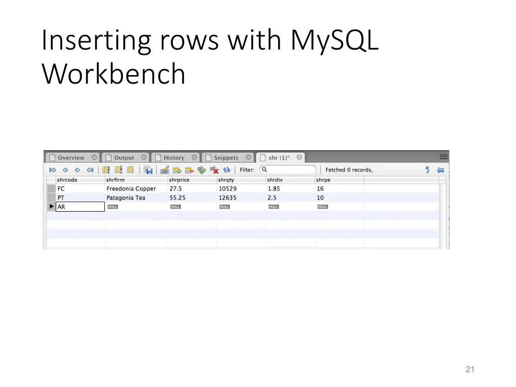 inserting rows with mysql workbench