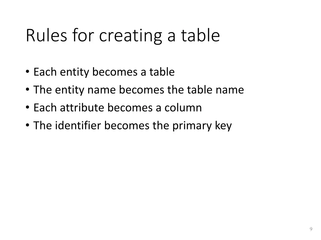 rules for creating a table