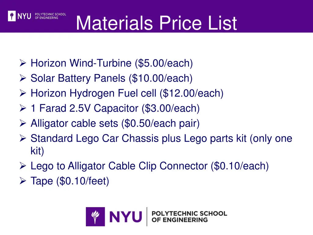 materials price list