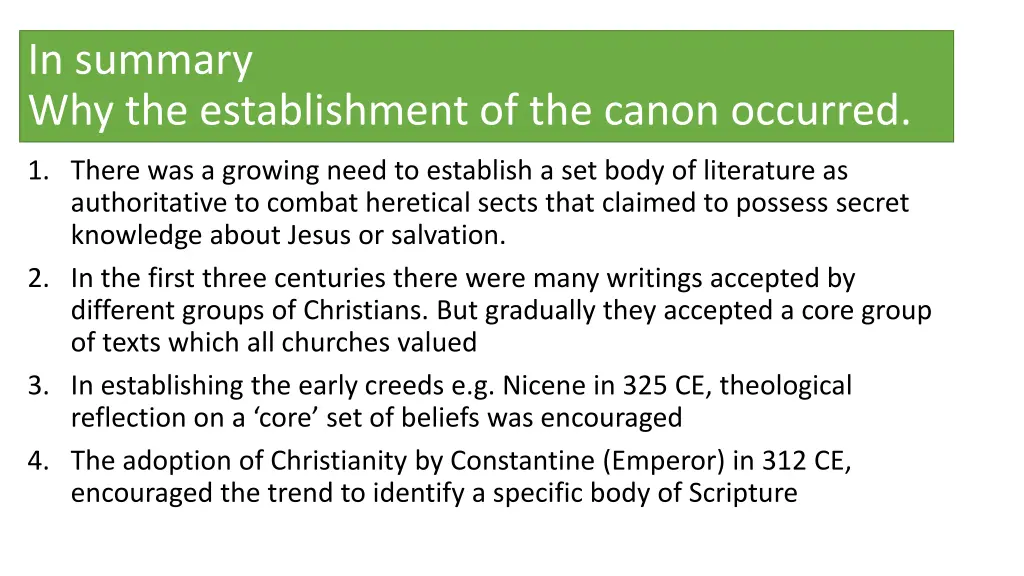 in summary why the establishment of the canon