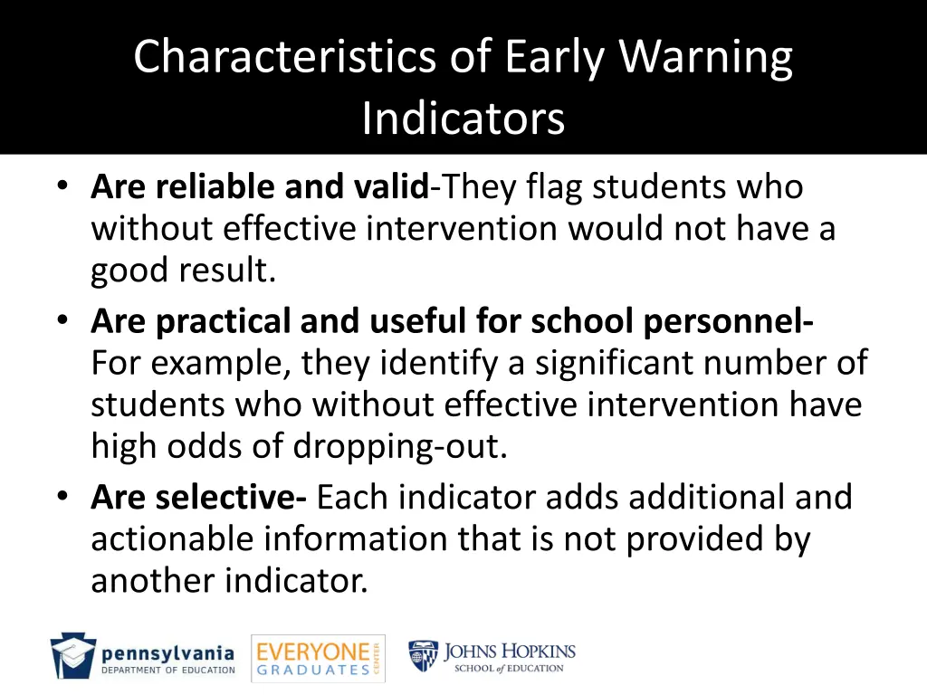 characteristics of early warning indicators