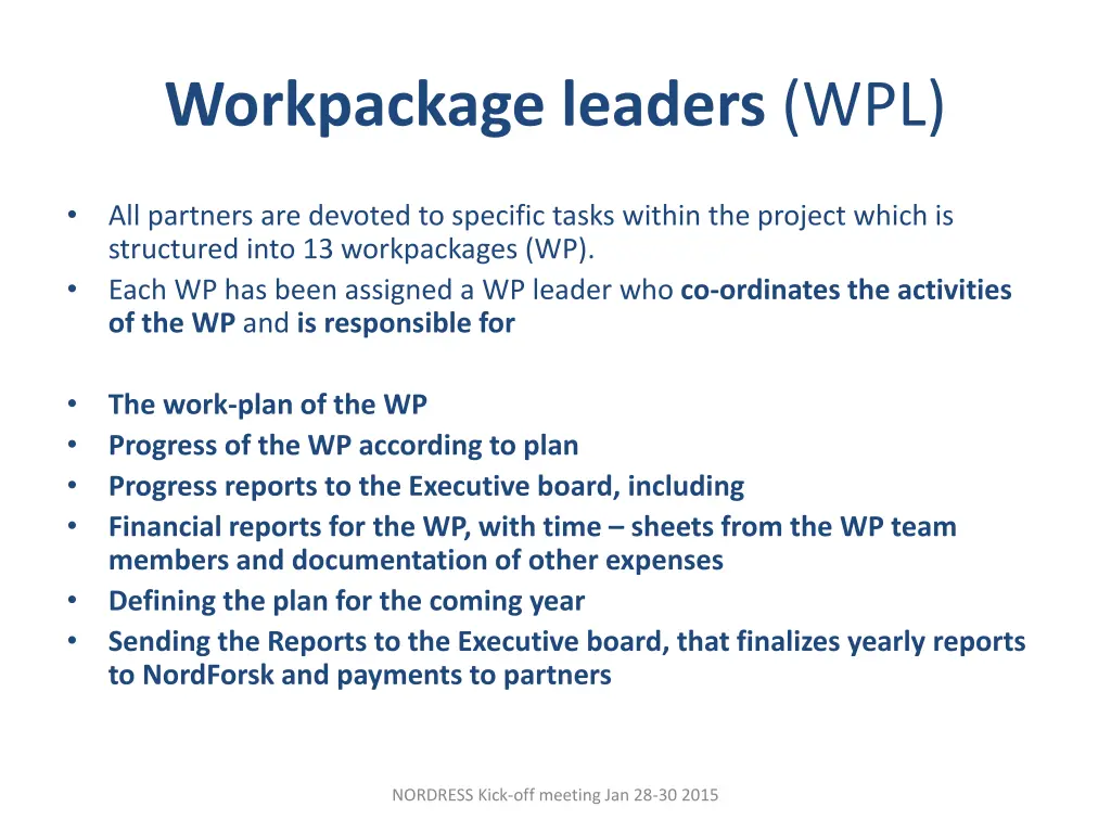 workpackage leaders wpl