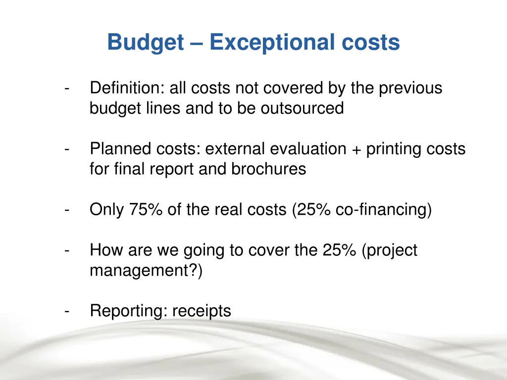 budget exceptional costs