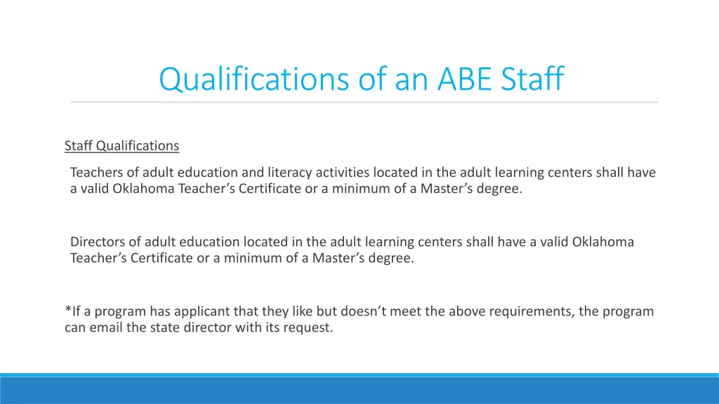 qualifications of an abe staff