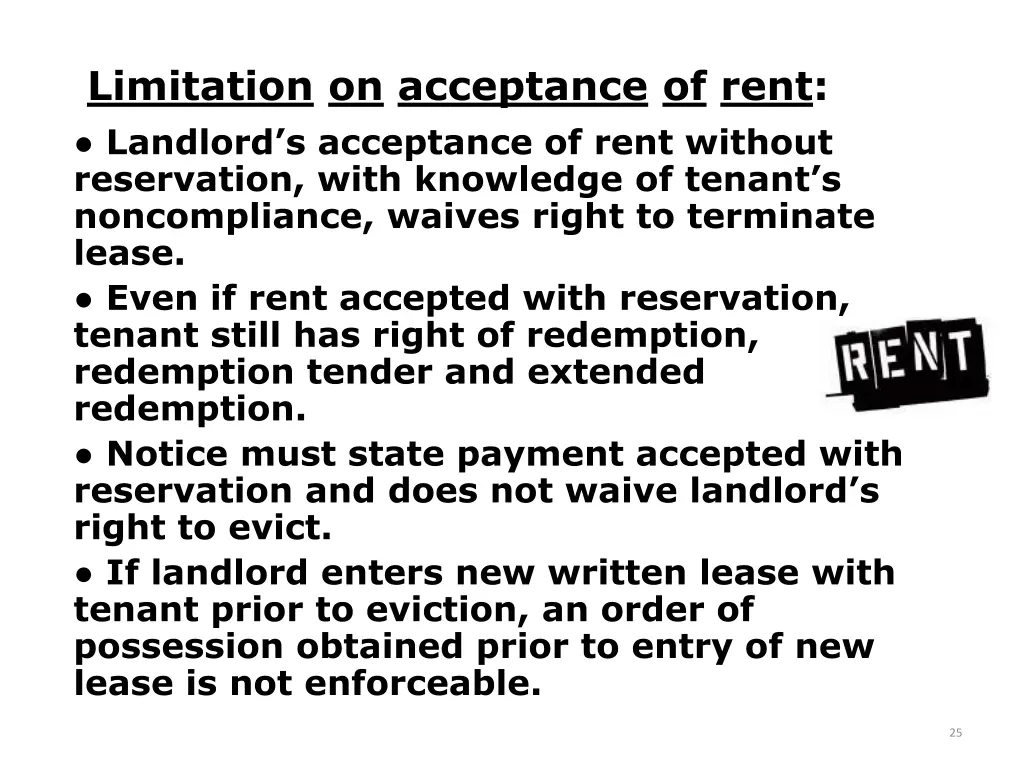 limitation on acceptance of rent landlord