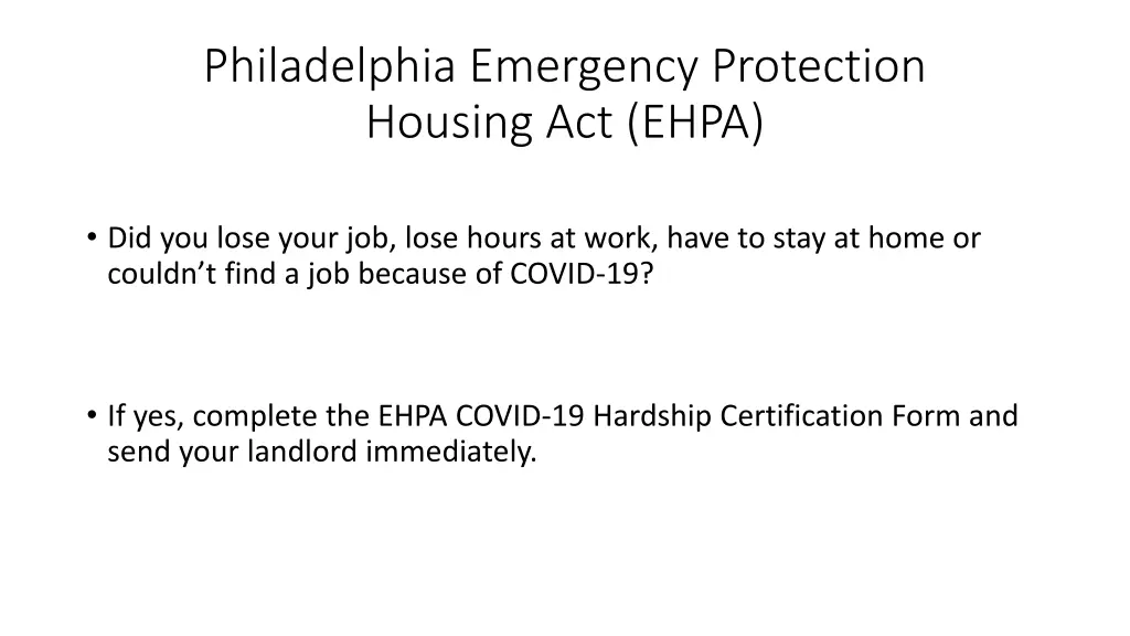 philadelphia emergency protection housing act ehpa