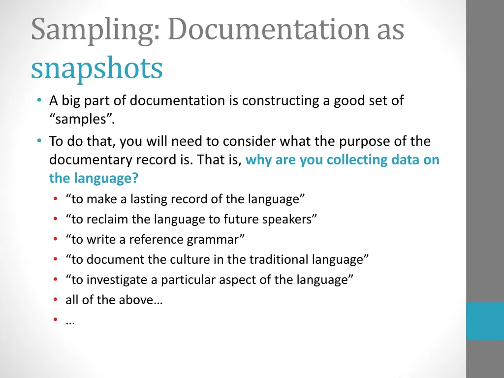 sampling documentation as snapshots a big part