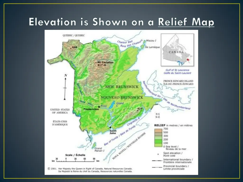 elevation is shown on a relief map