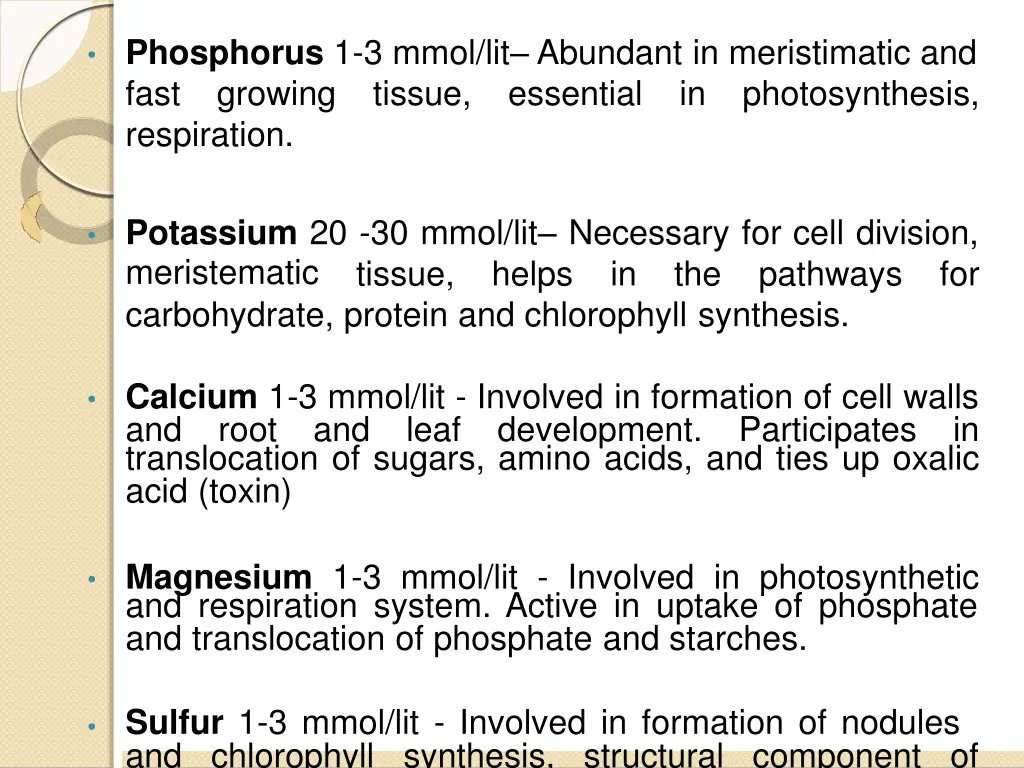 phosphorus 1 3 mmol lit abundant in meristimatic