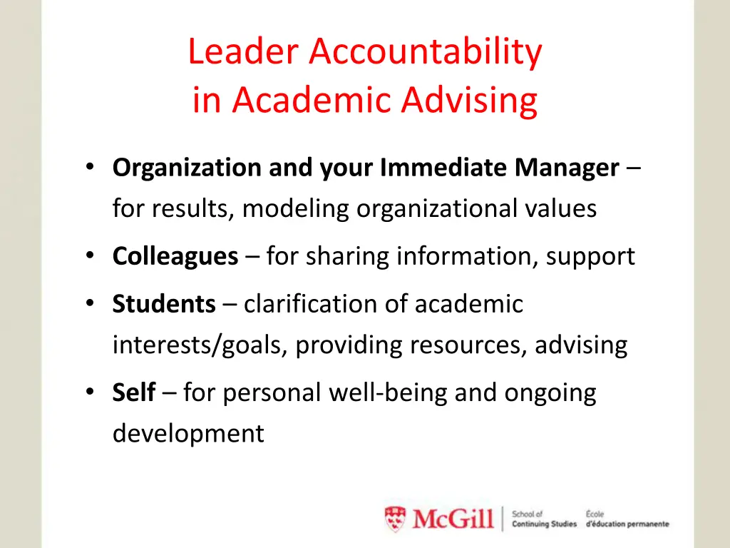 leader accountability in academic advising