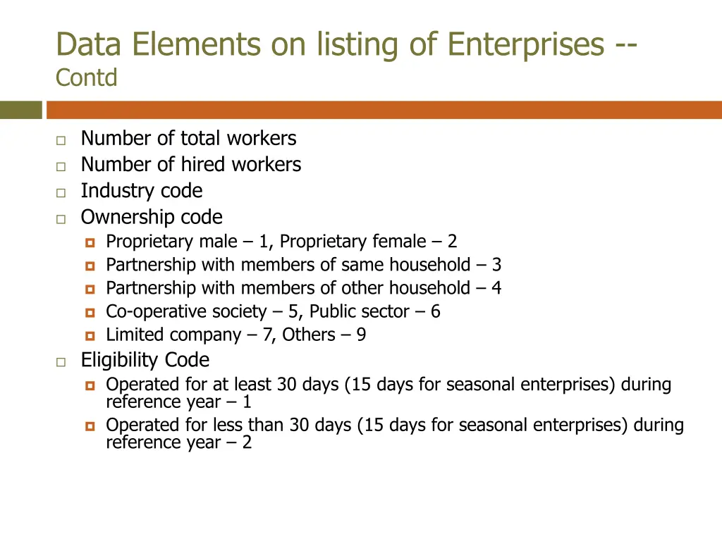 data elements on listing of enterprises contd 1