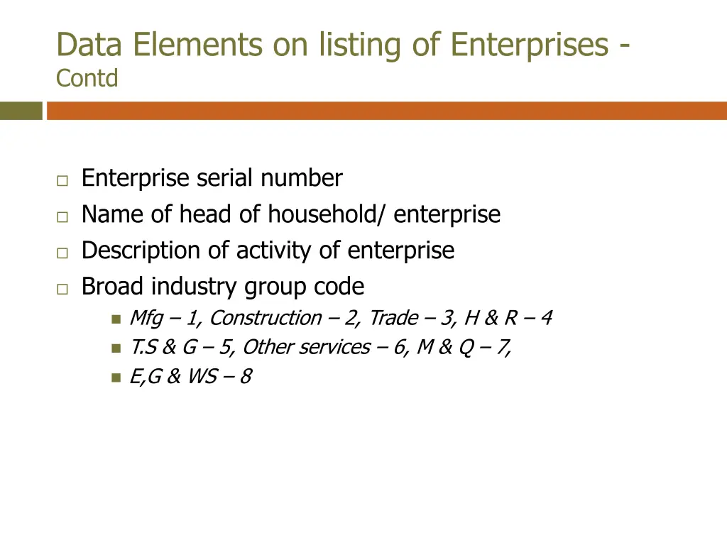 data elements on listing of enterprises contd