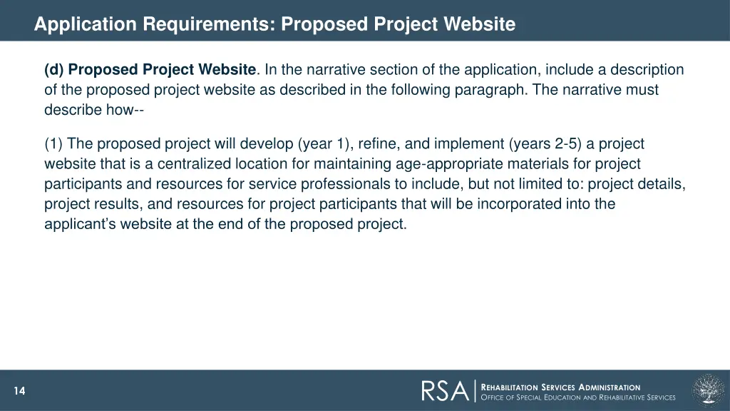 application requirements proposed project website