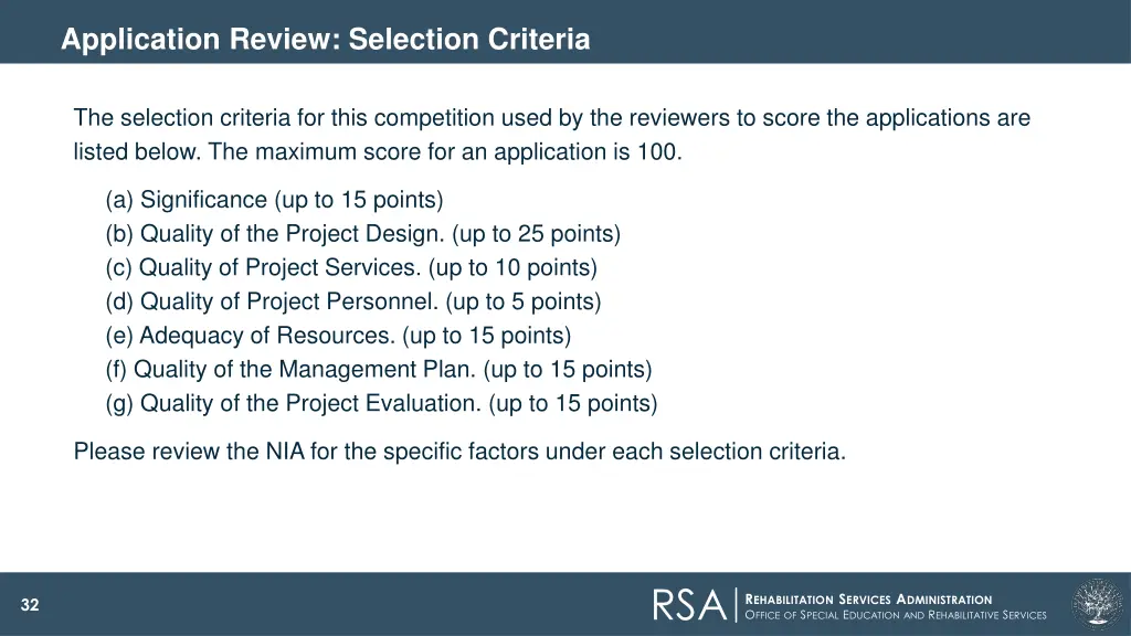 application review selection criteria