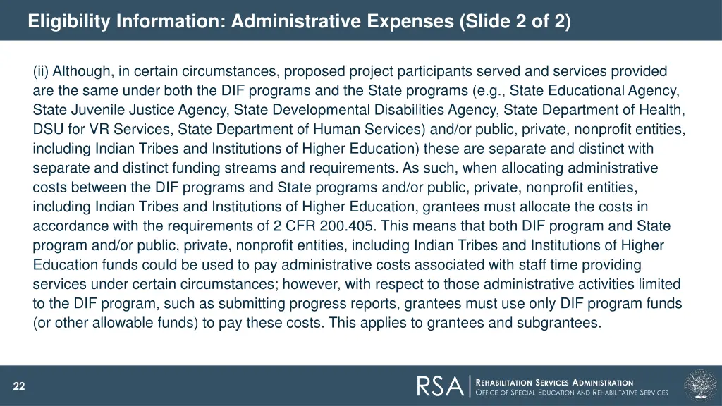 eligibility information administrative expenses 1