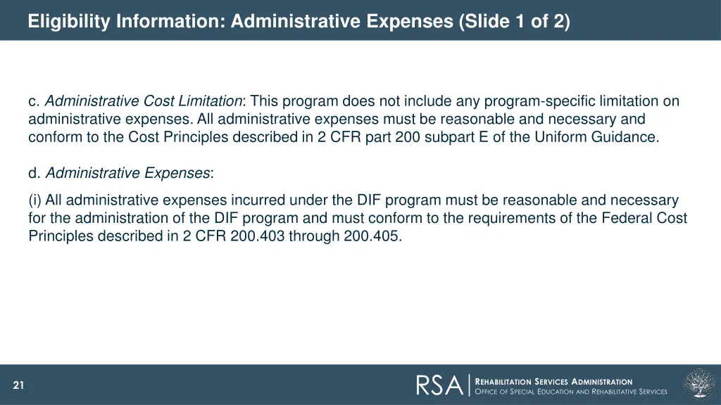 eligibility information administrative expenses