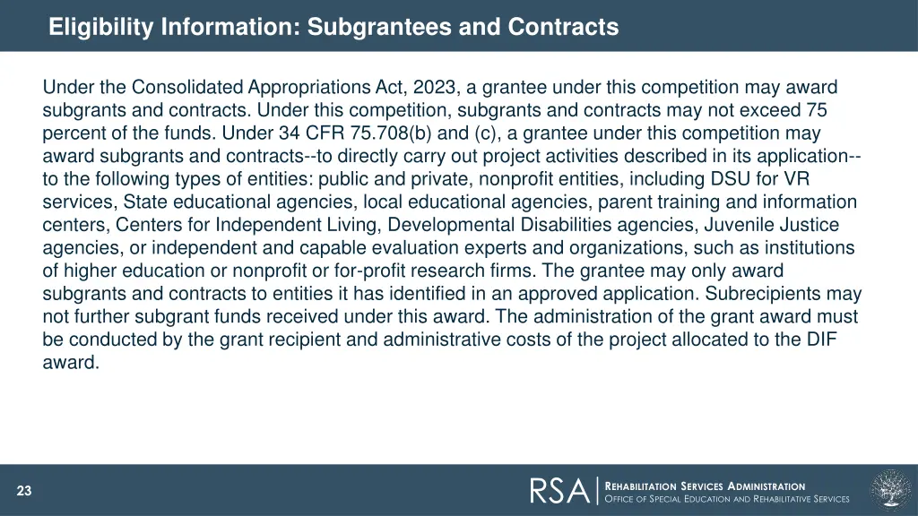 eligibility information subgrantees and contracts