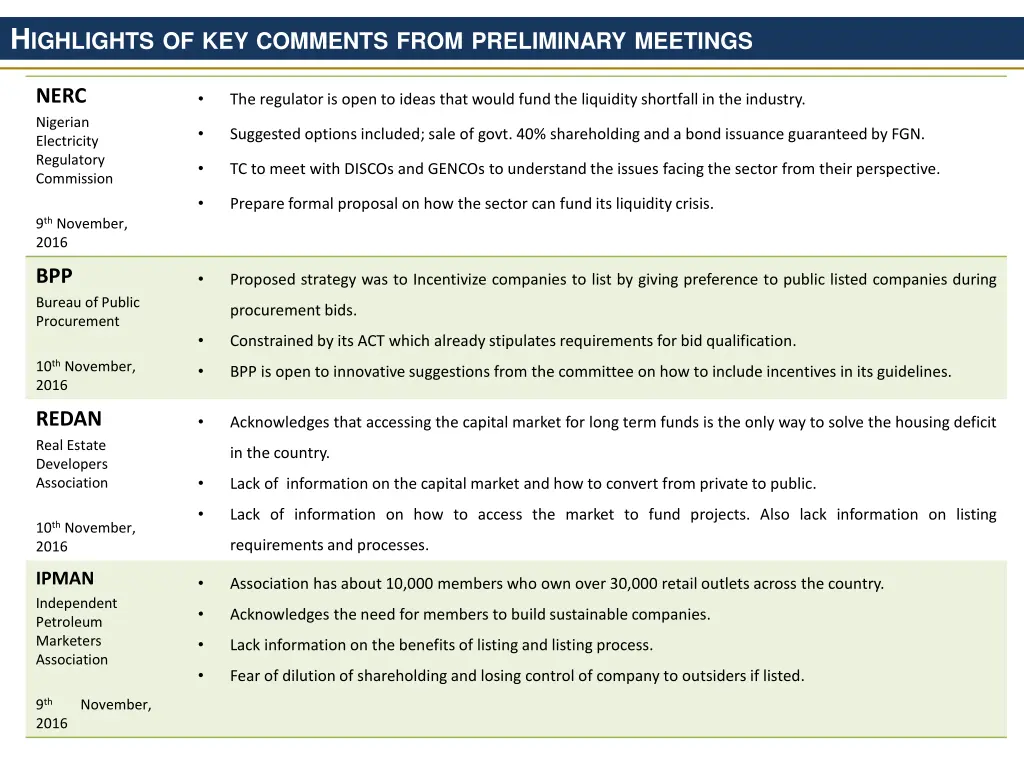 h ighlights of key comments from preliminary