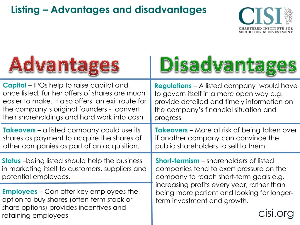 listing advantages and disadvantages