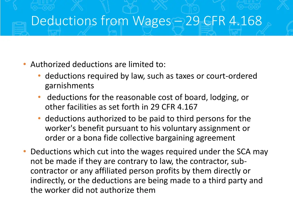 deductions from wages 29 cfr 4 168 1