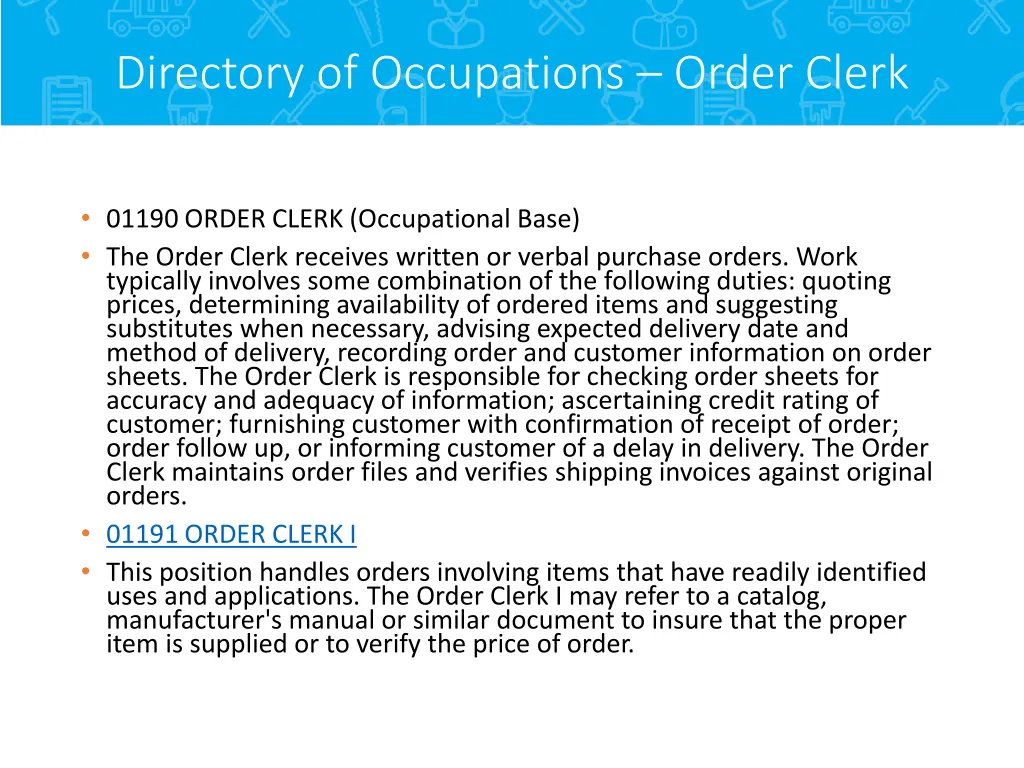 directory of occupations order clerk