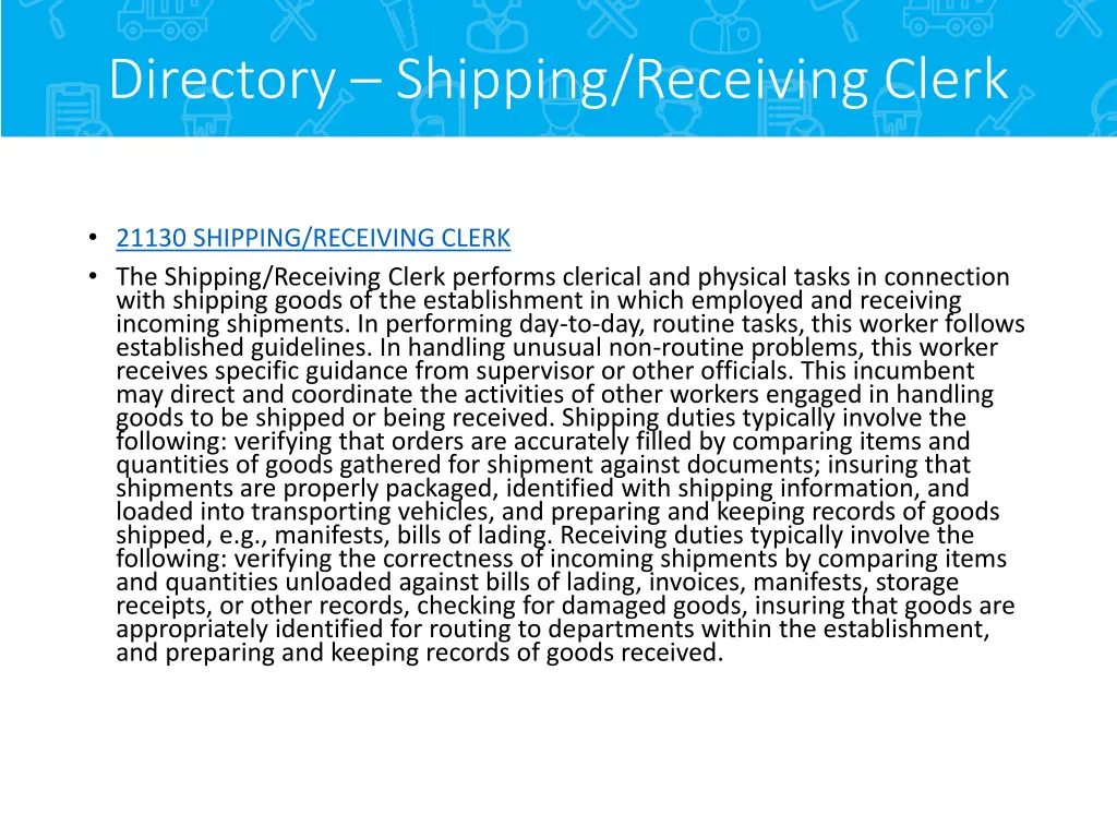 directory shipping receiving clerk