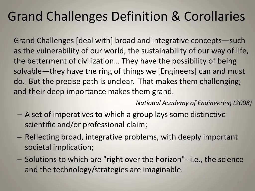 grand challenges definition corollaries