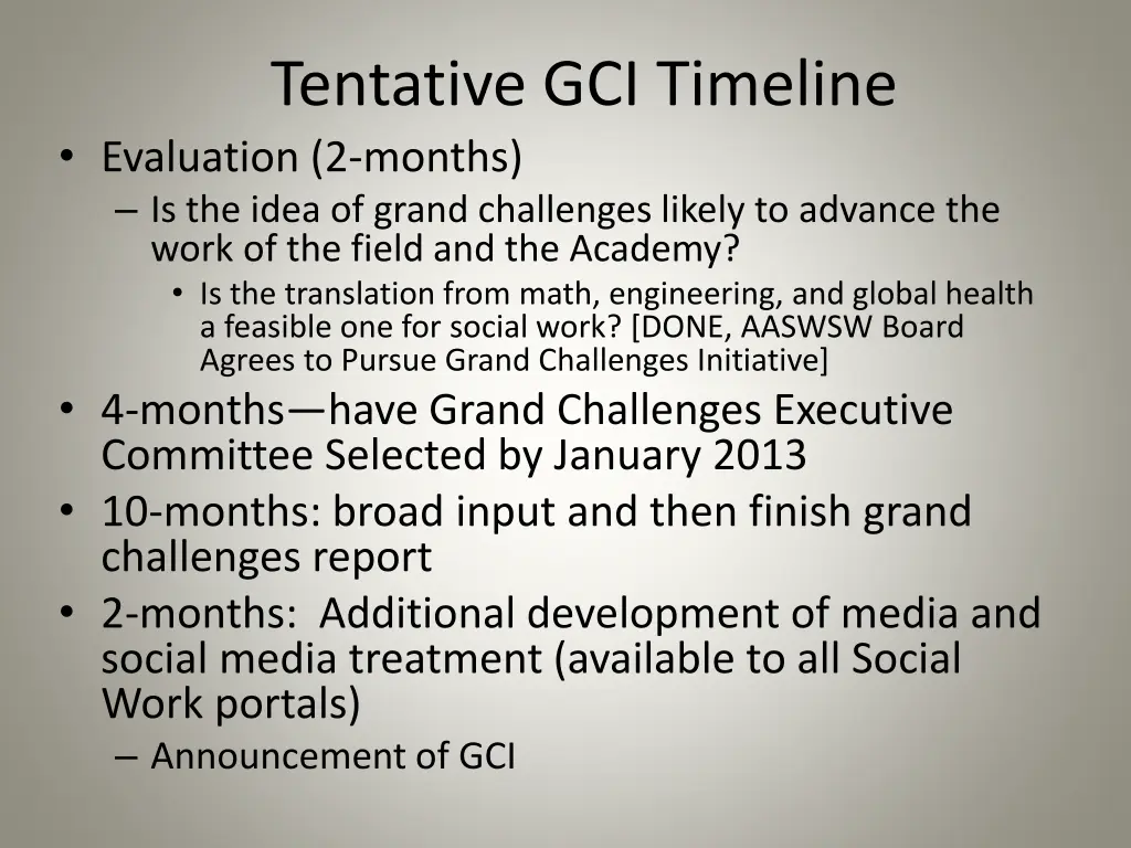 tentative gci timeline evaluation 2 months